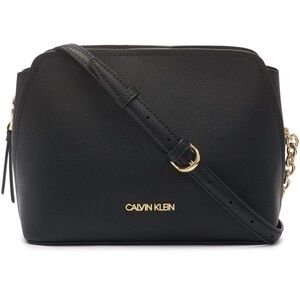 NWT Calvin Klein Hailey Black Pebble Leather Crossbody with Gold Accents & Chain
